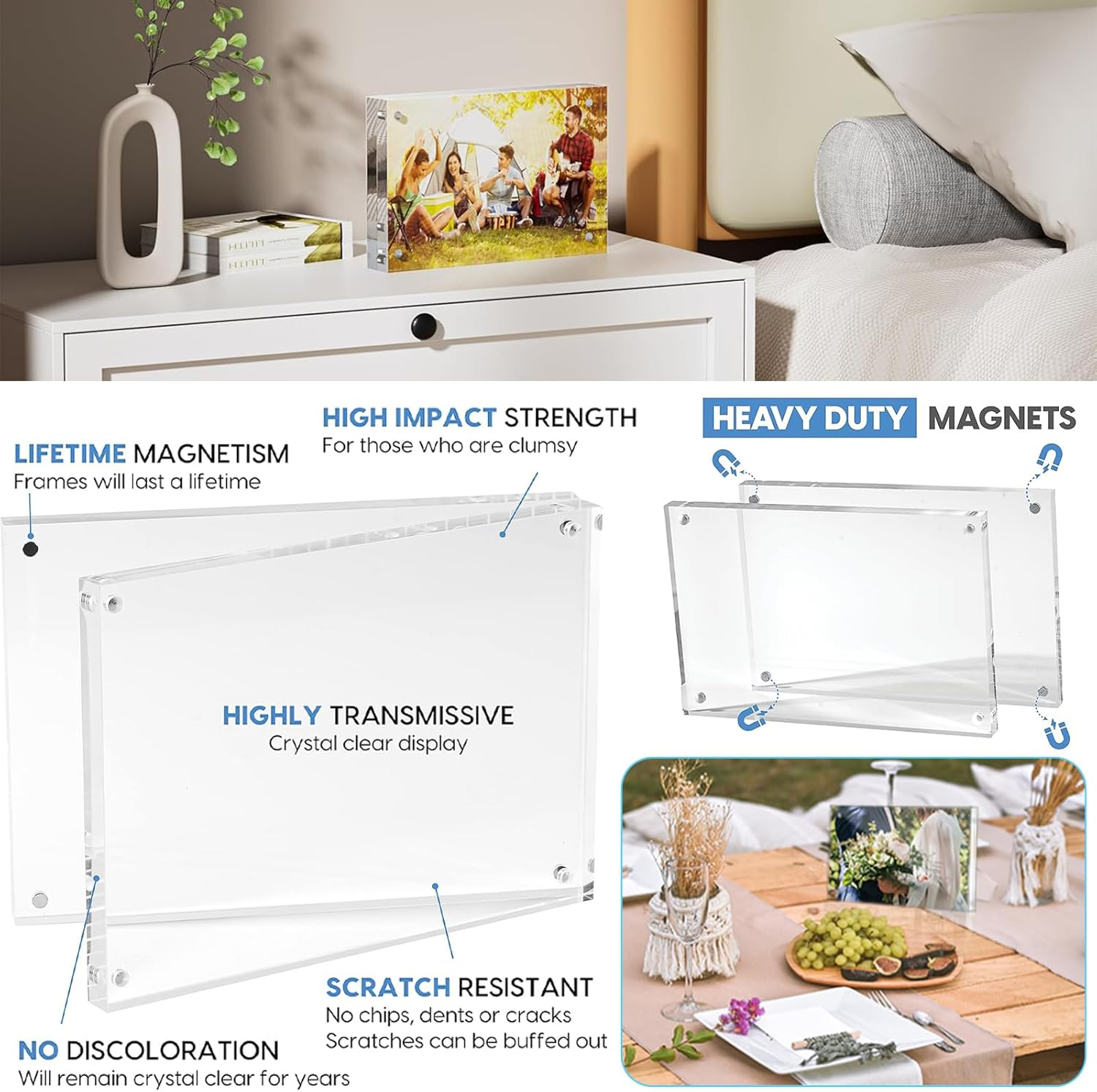3 Pack Picture Frames, 4X6 Inch Acrylic Frame, Self Standing Block Display Photo Frame, Horizontal Magnet Double Sided Picture Frame, Thick Desktop Frameless Magnetic Photo Frame (10X15Cm, 10+10MM) image number 3
