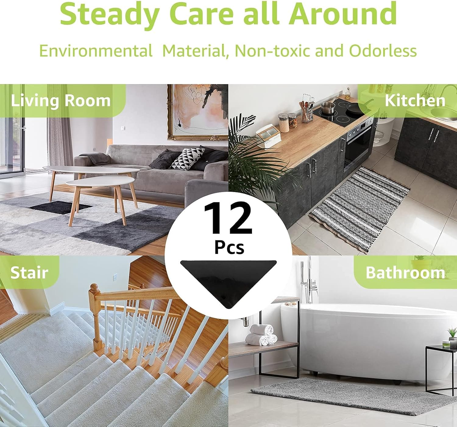 FIREYUN 12 Pcs Rug Pads Grippers, Non Slip Rug Pads for Hardwood Floors and Tiles, Reusable and Washable Tape for Area Rugs, Dual Sided Adhesive Gripper Keep Corners Flat(Black) image number 2