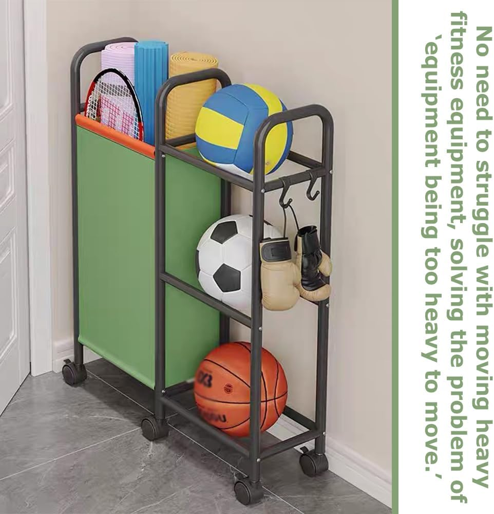 3-Tier Ball Storage Rack, Rolling Multi-Purpose Organizer Shelf, Heavy-Duty Rolling Cart, Space-Saving Durable for Basketball Volleyball Football Rugby Badminton image number 3