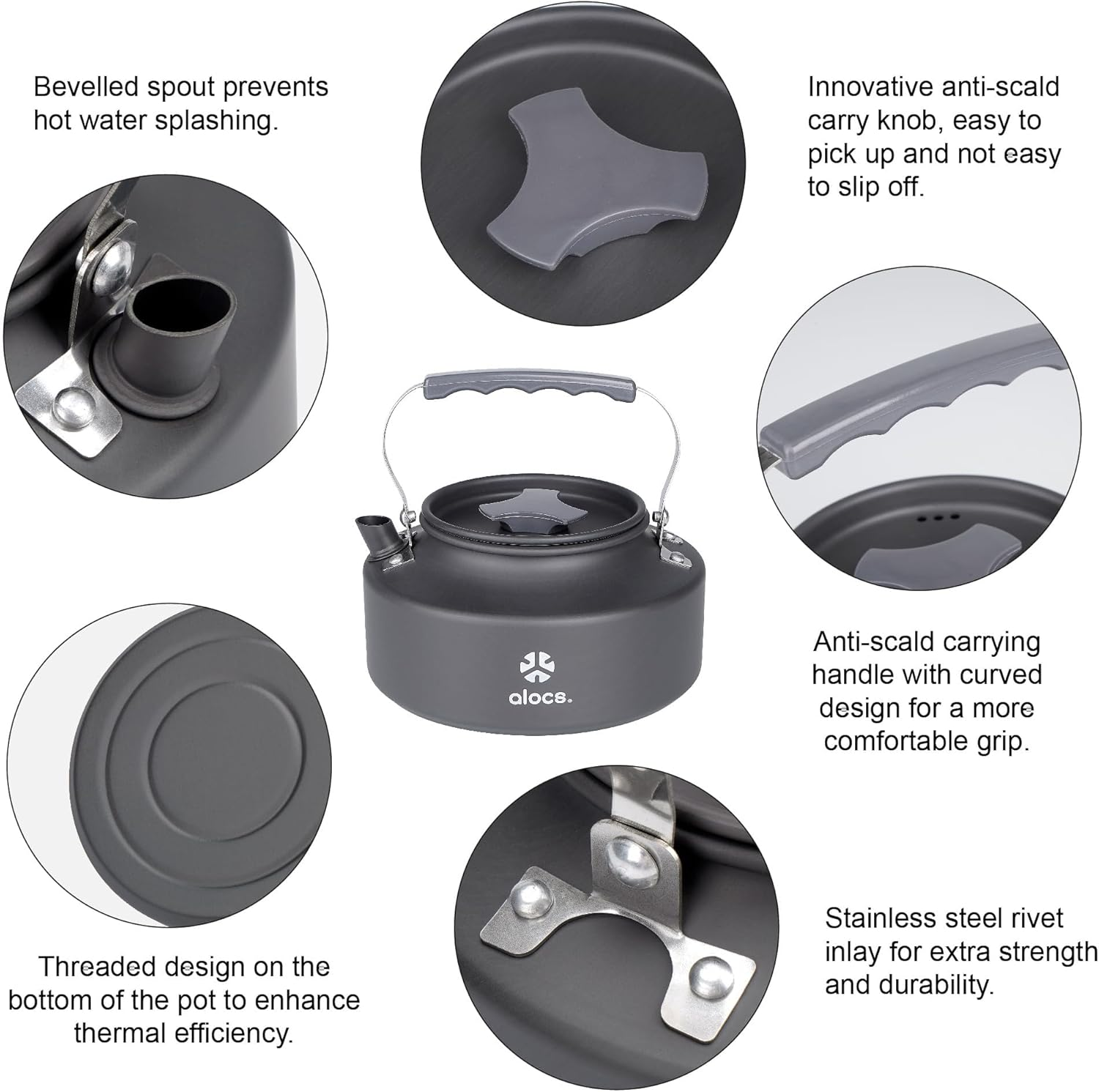 Alocs 0.8L Kettle Teapot, Portable Camping Coffee Pot, Hard-Anodized Aluminum Camping Kettle, Compact Tea Kettle for Stove Top, Outdoor, Hiking, Camping, Picnic and Traveling. image number 6