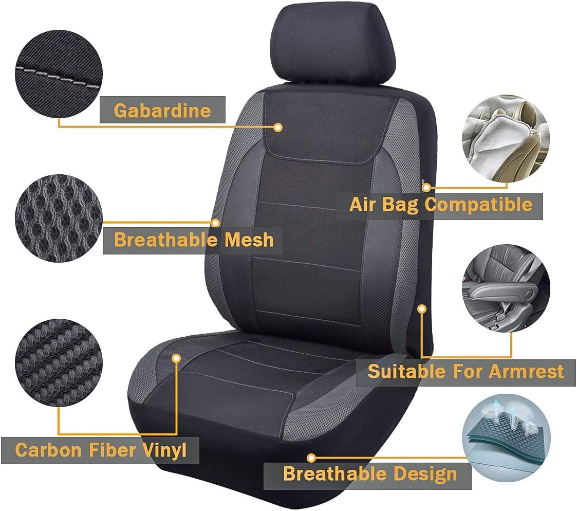 Flying Banner Gabardine Mesh Front Car Seat Covers Airbag Compatible Protector Universal for Most Car Truck Vans Suvs (Black and Grey) image number 4