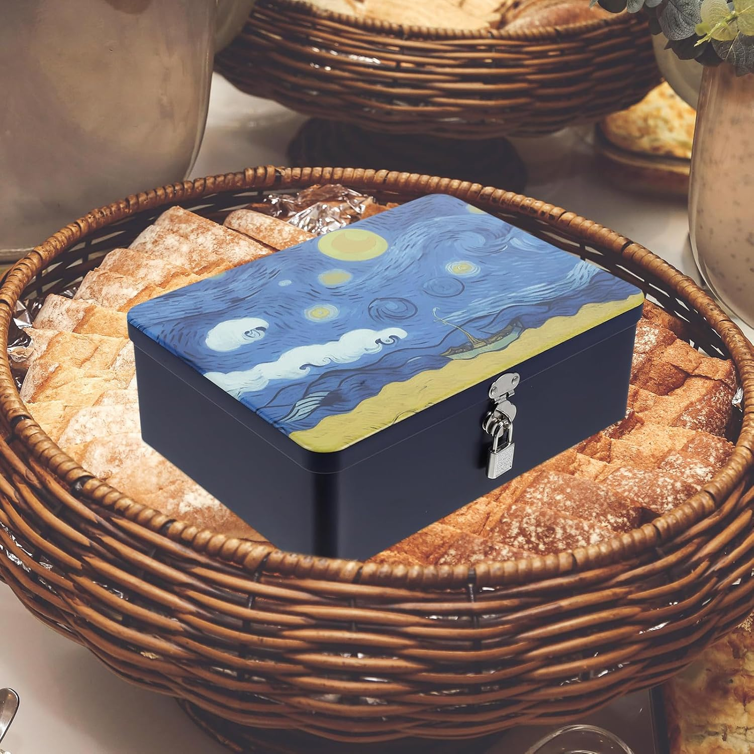 CTIRCHIU Airtight Metal Cookie Tin with Lock, Medium Celestial Storage Box, Vintage Kitchen Canister for Candy and Biscuit Organization