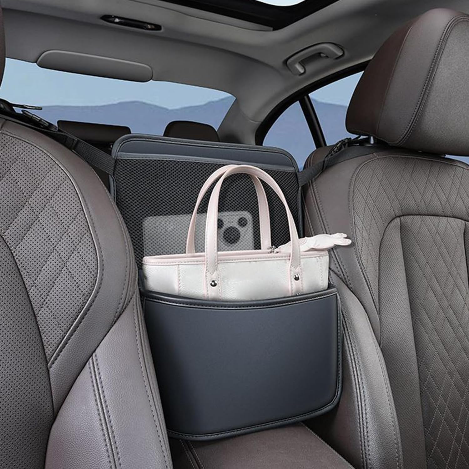 Car Purse Holder between Seats, Auto Document Bag Holder, Multipurpose Seat Organizer for Water Cup Tissue Umbrella Handbag Document Men Women Family Outing Camping Travel Road Trip