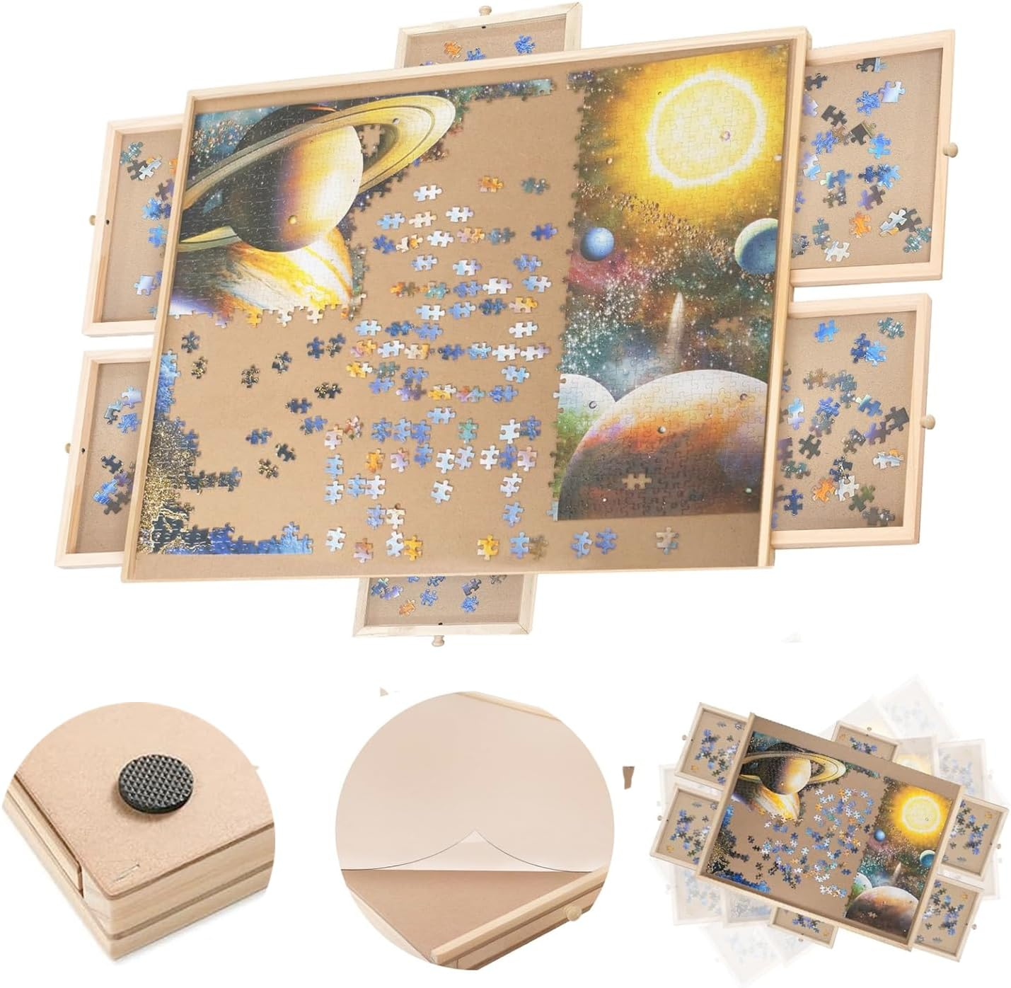 1500 Piece Rotating Puzzle Board with Drawers-Portable Wooden Jigsaw Table for Adults-Large Sorting and Storage Gifts (Natural Wooden) image number 1