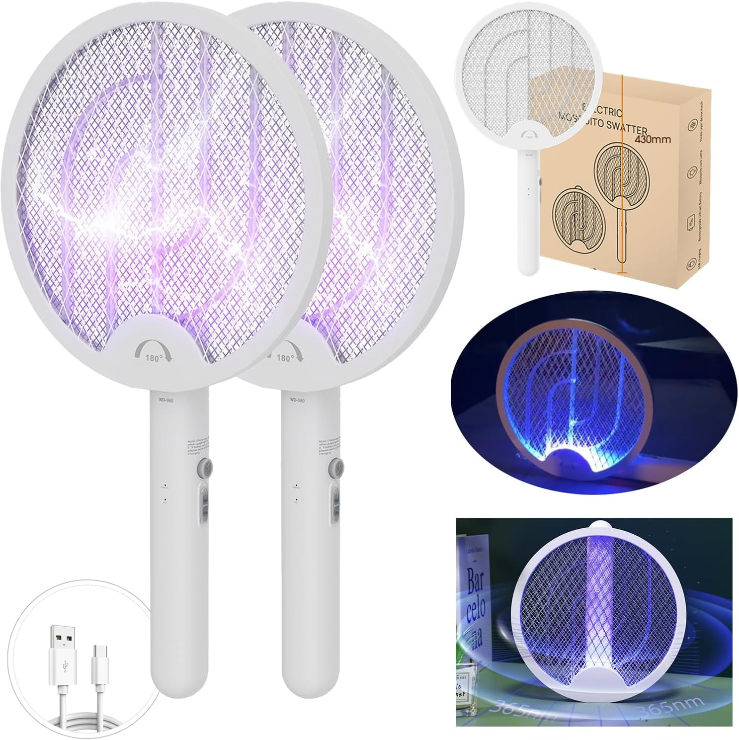 Electric Fly Swatter（2 Pack）180&deg; Foldable Bug Mosquito Zapper,3000V Mosquito Killer Lamp Electric Hangable Fly Killer Light Fly Insect Trap Killer for Bedroom Home Backyard Garden and Barbecue Picnic image number 2
