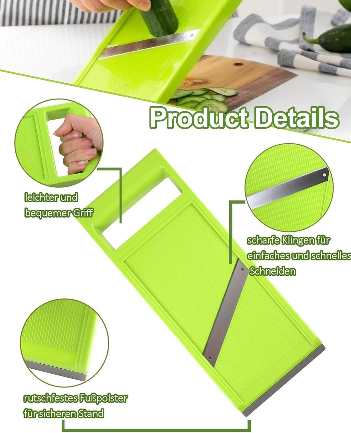 JUKOTA Vegetable Mandolin Cutter, Hand-Held Cucumber Slicer Made of Stainless Steel, Food Chopper with Ergonomic Handle, Portable Kitchen Slicer for Cheese, Onion, Potatoes (Green) image number 2