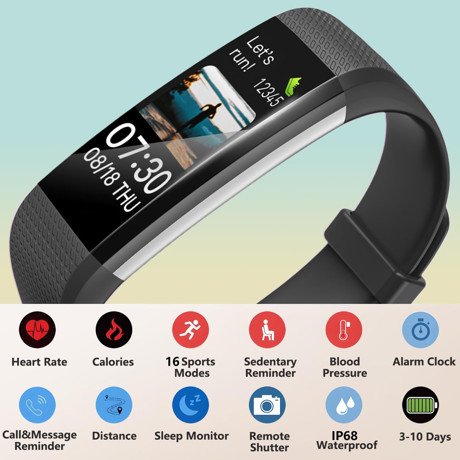 Fitness Tracker with Heart Rate Monitor, Activity Tracker Pedometer with Calorie Counter, Sleep Monitor, Smart Watch with IP68 Waterproof Sports Bracelet for Women Men (Black) - Black image number 3