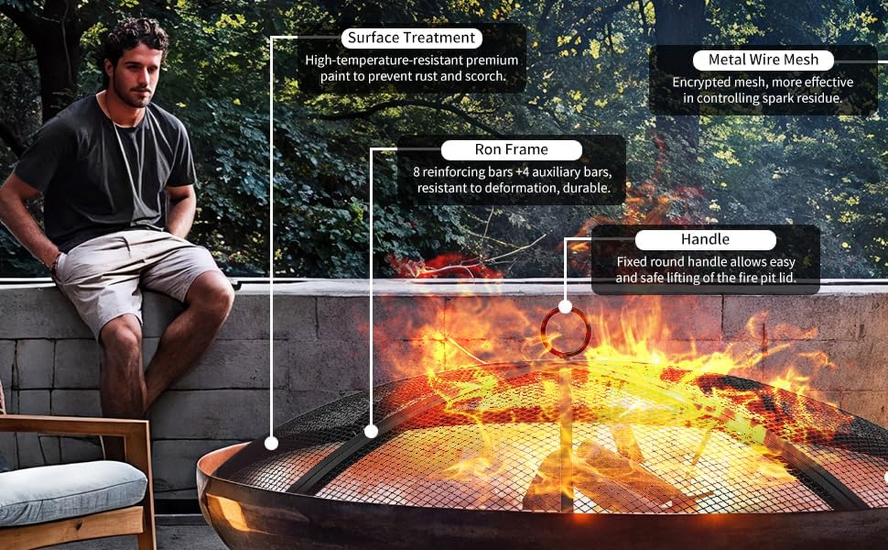 Fire Pit Spark Screen, Outdoor 22 Inch round Fire Pit Screen with Foldable Hook and Fire Safety Gloves, Heavy Duty Steel Mesh Fire Pit Cover, Fire Pit Lid for Backyard, Beach, RV Camping image number 1