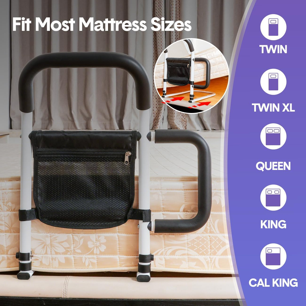 Aumerage Bed Rails for Elderly Adults Safety -Bed Assist Rail with Double Grab Bars, Medical Bed Support Bar Safety with Storage Pouch, Bedside Assist Bar with Support Legs image number 2