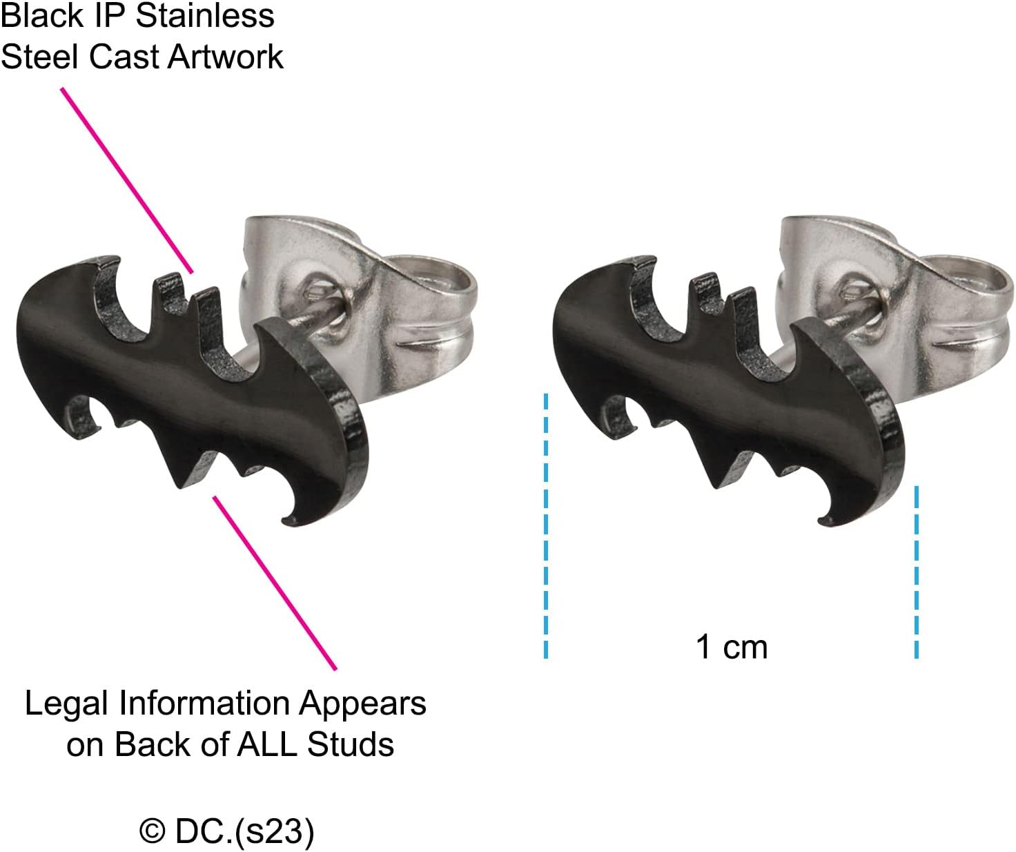 DC Comics Officially Licensed Hypoallergenic Batman "The Dark Knight" Cut Stainless Steel Stud Earrings, Unisex, One Size, One Size, Stainless Steel image number 2