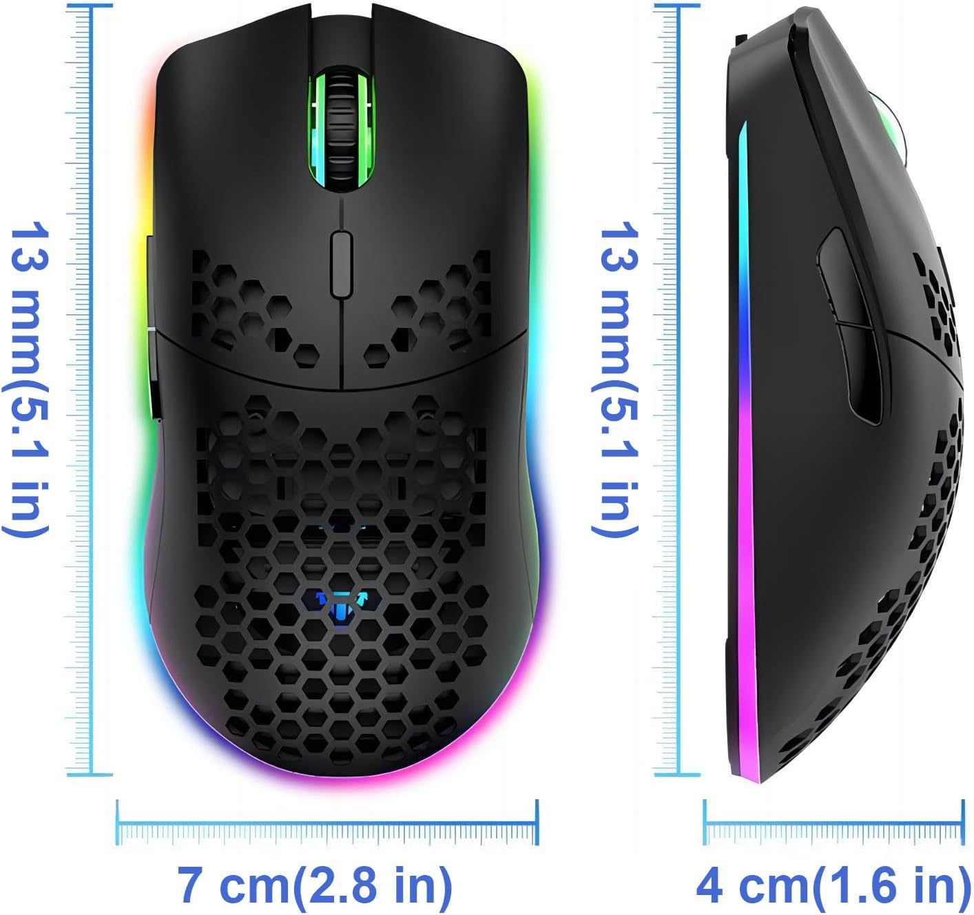 Mengshen Wireless Gaming Mouse Honeycomb, RGB Game Mice with Lightweight Shell High Precision Optical Sensor Adjustable 3200 DPI Ergonomic for Windows PC & Laptop Gamers (Black) image number 3