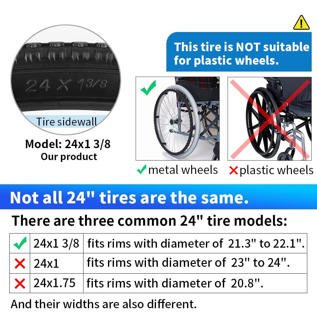 Wheelchair Rear Wheel Solid Tires 20X1 3/8", 22X1 3/8", and 24X1 3/8"PU Non Pneumatic Tires Are Suitable for Most Wheelchair Tire Replacement (24X1 3/8" Black) image number 5
