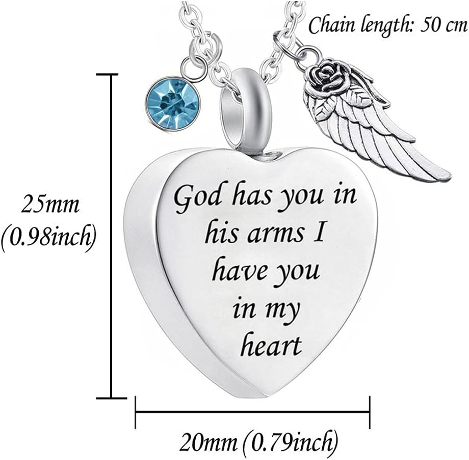 God Has You in His Arms with Angel Wing Charm Cremation Ashes Jewelry Keepsake Memorial Urn Necklace with Birthstone Crystal, 20 X 25 Mm, Metal, Zircon image number 4