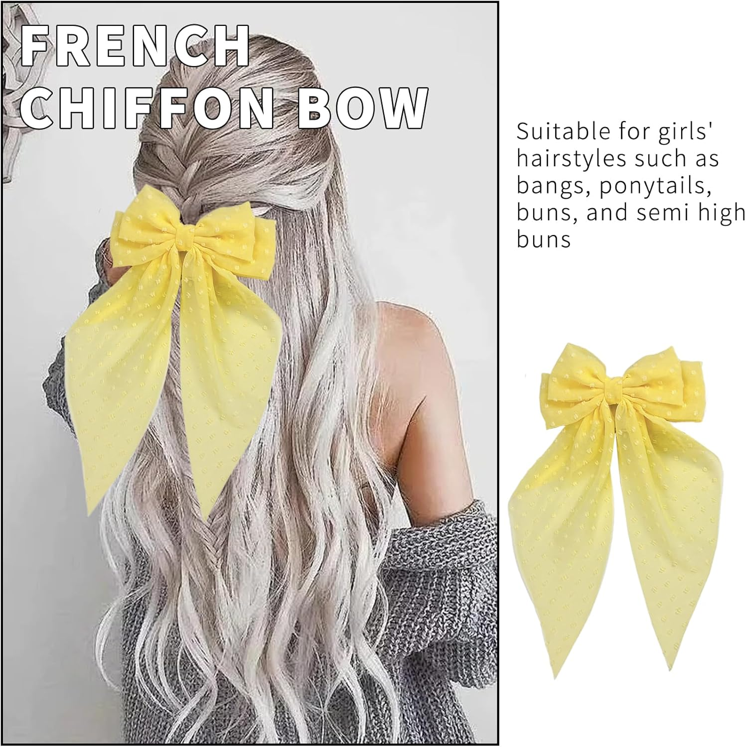 1 Pcs Silky Satin Hair Bows,Yellow Hair Bow, Yellow Hair Accessories,Yellow Bow Large Tulle Layered Hair Clip Hair Accessories for Women and Girls image number 4