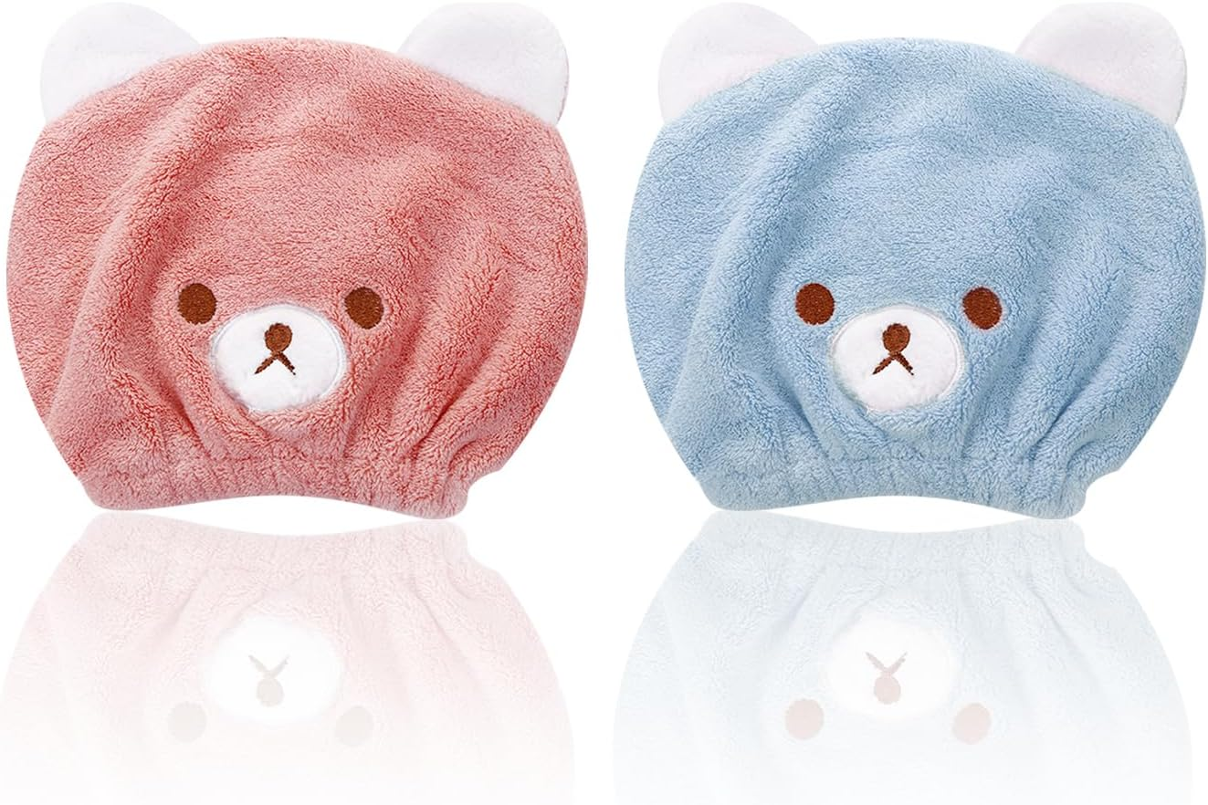 Nyxseat Pack of 2 Bear Dry Caps, Dry Turban, Fast Absorbing Turban, Shortening Blow Drying Time, Suitable for Showering, Makeup and Facial Care (Blue, Pink)