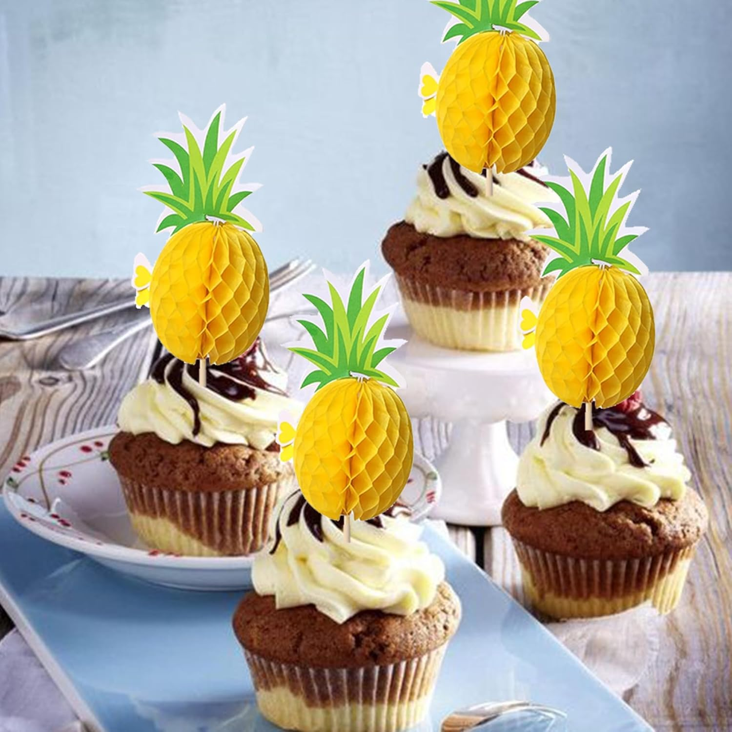 SYKYCTCY 50 Pack 3D Pineapple Cupcake Toppers Cocktail Tropical Aloha Luau Cupcake Picks Flamingo Summer Hawaiian Beach Cupcake Decorations for Baby Shower Birthday Wedding Party Supplies image number 4