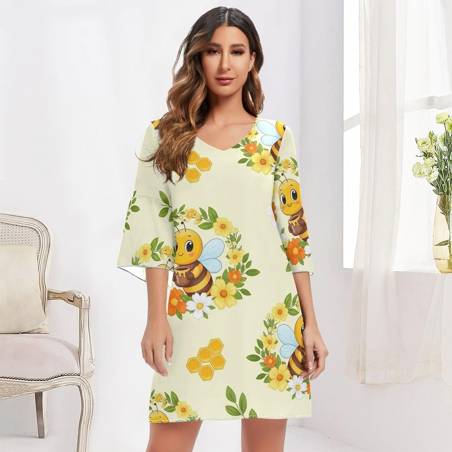 Cute Cartoon Bees Honey Print Ladies Chiffon Dress 3/4 Sleeve Maternity Dress Party S-XXL image number 3