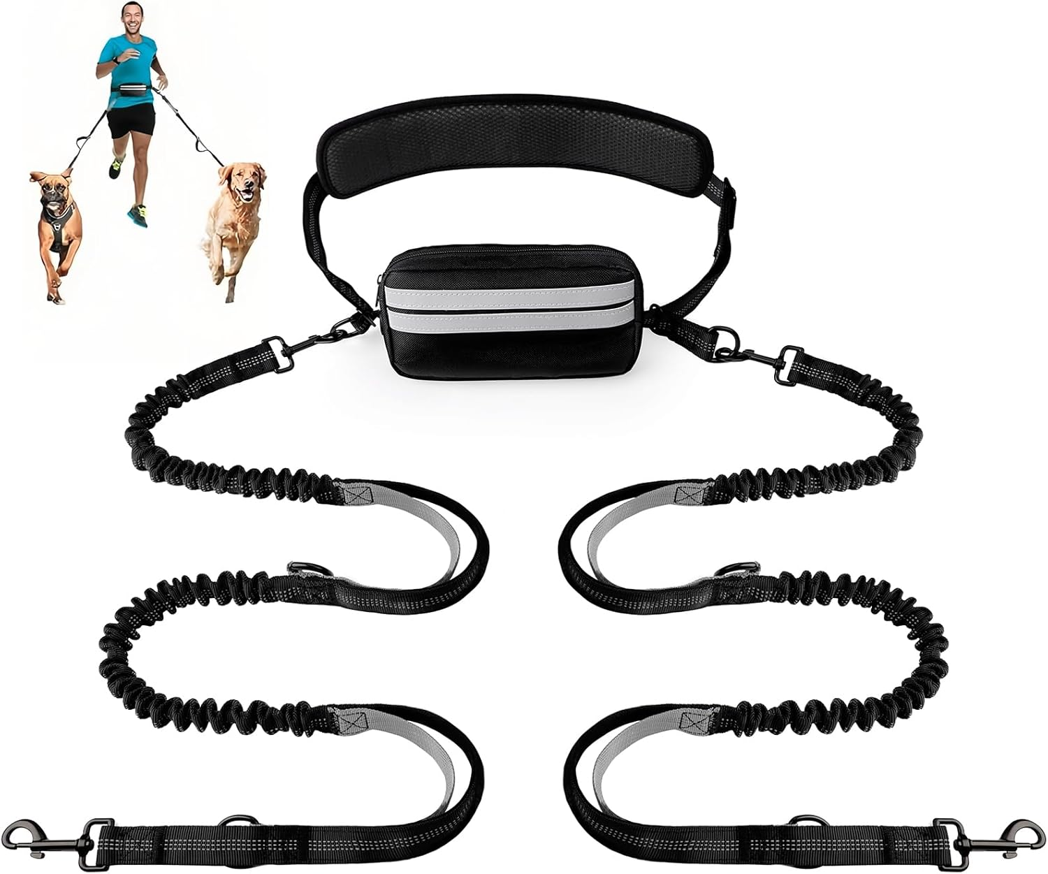 Enbluy Hands Free Dog Leash with Adjustable Waist Belt, Retractable Design, Reflective Stitching, Bungee Cord, Dual Handles, Zipper Pouch, Suitable for Running, Walking, Hiking (Double Dog Leash) image number 6