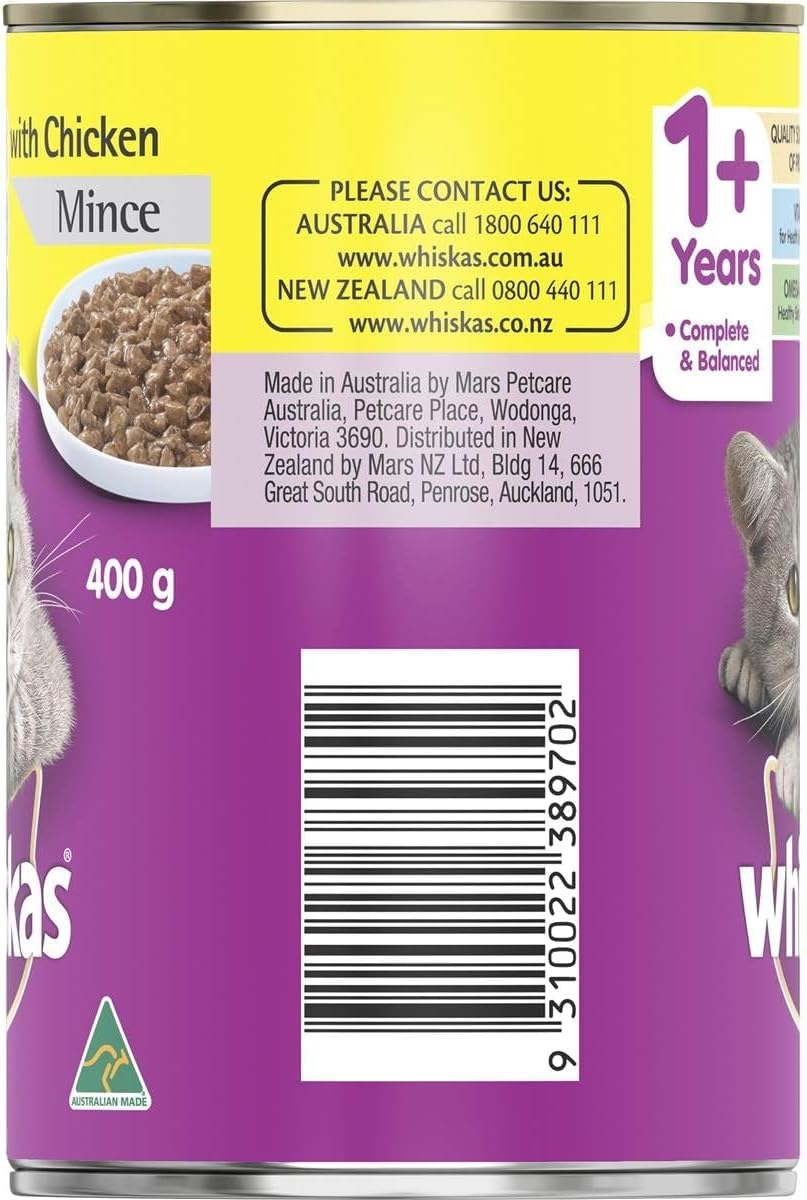 WHISKAS WET CHICKEN MINCE 400G 24PK(173738) (OM24) image number 1
