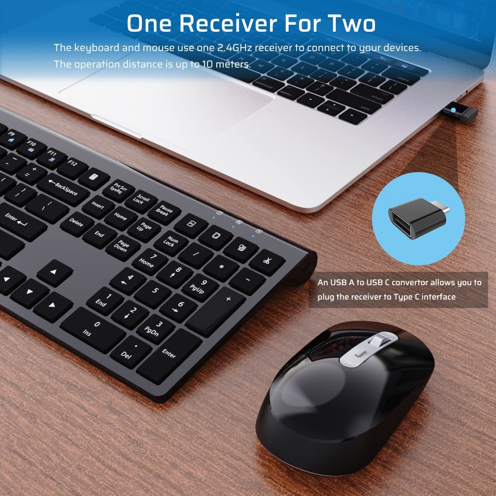 Rechargeable Wireless Keyboard and Mouse Combo,Ergonomic Full Size Design Wireless Keyboard with Number Pad Wireless Keyboard and Mouse for MAC Windows Black