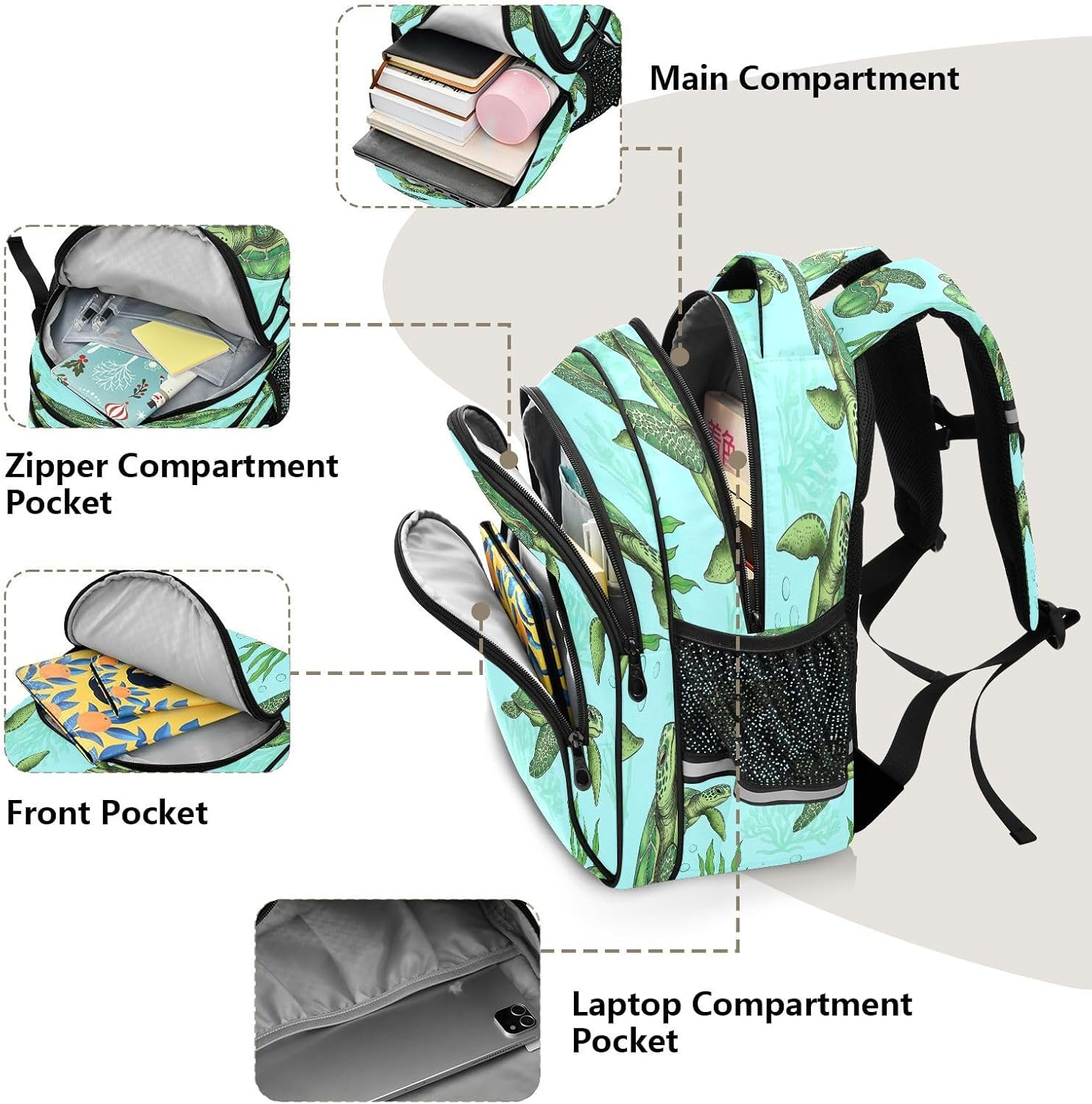 RPLIFE 15 Inch Kids Backpack for Girls Boys, Green Sea Turtles Ergonomic Backpack for Kids image number 5