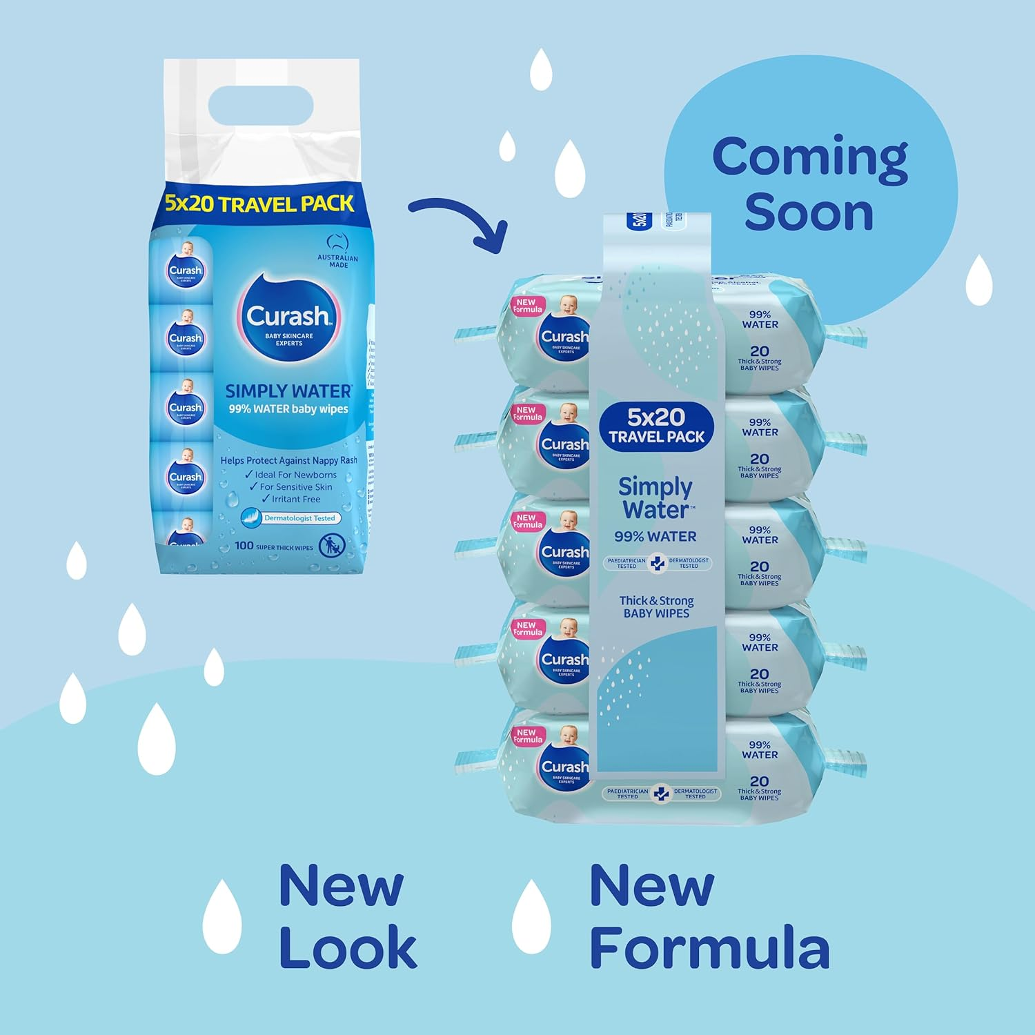 Curash Simply Water Baby Wipes, 5X20 Pk, Thick & Soft Texture, 99% Purified Water with No Soap, Alcohol or Parabens, Suitable for Newborns, Everyday Cleansing & Nappy Changes, Travel Size, 100 Wipes image number 5