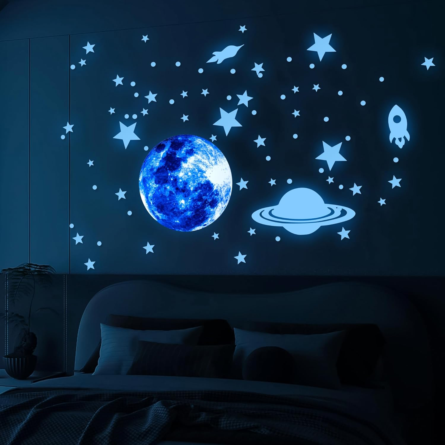 Glow in the Dark Stars for Ceiling, Moon Planet Star Stickers for Wall Decor, Glow in the Dark Star Stickers and Dots Wall Stickers Decor, Boys Room Decor and Nursery Decor, Blue(7.8In, 435Pcs)