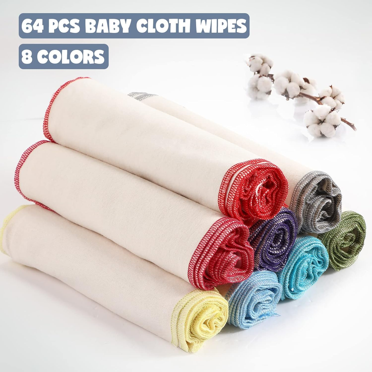 Zopeal 64 Pcs Flannel Cloth Baby Wipes Reusable Dispenser Washable Soft Natural Unbleached Baby Face Cloth Wipes 8 Colors Outer Stitching 8 X 8 Inches image number 2