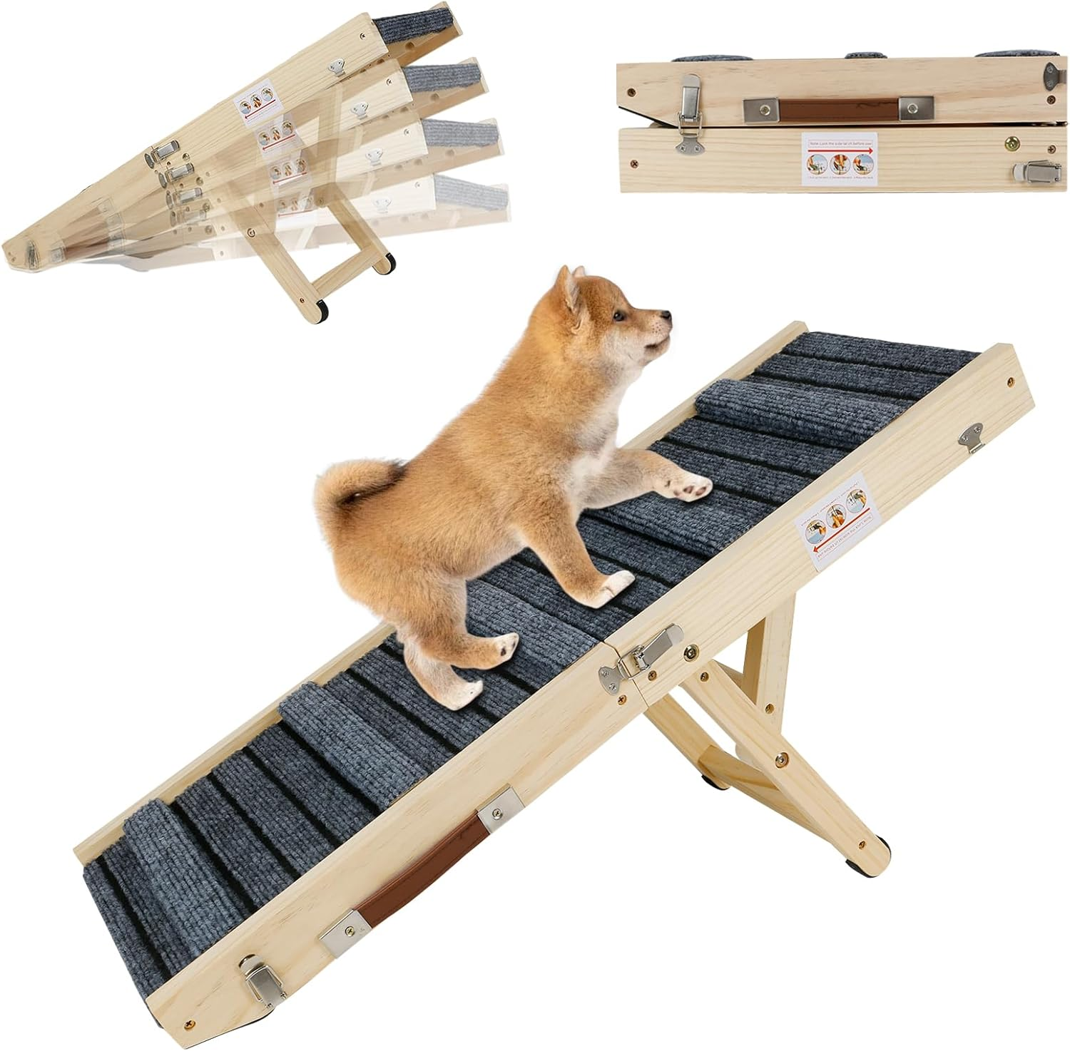 Wooden Dog Ramp, Dog Stairs for Small Dogs and Older, Adjustable 20-45 Cm, with Non-Slip Step Mat, Ramp for Pets, Portable Foldable for Bed or Sofa Car image number 2