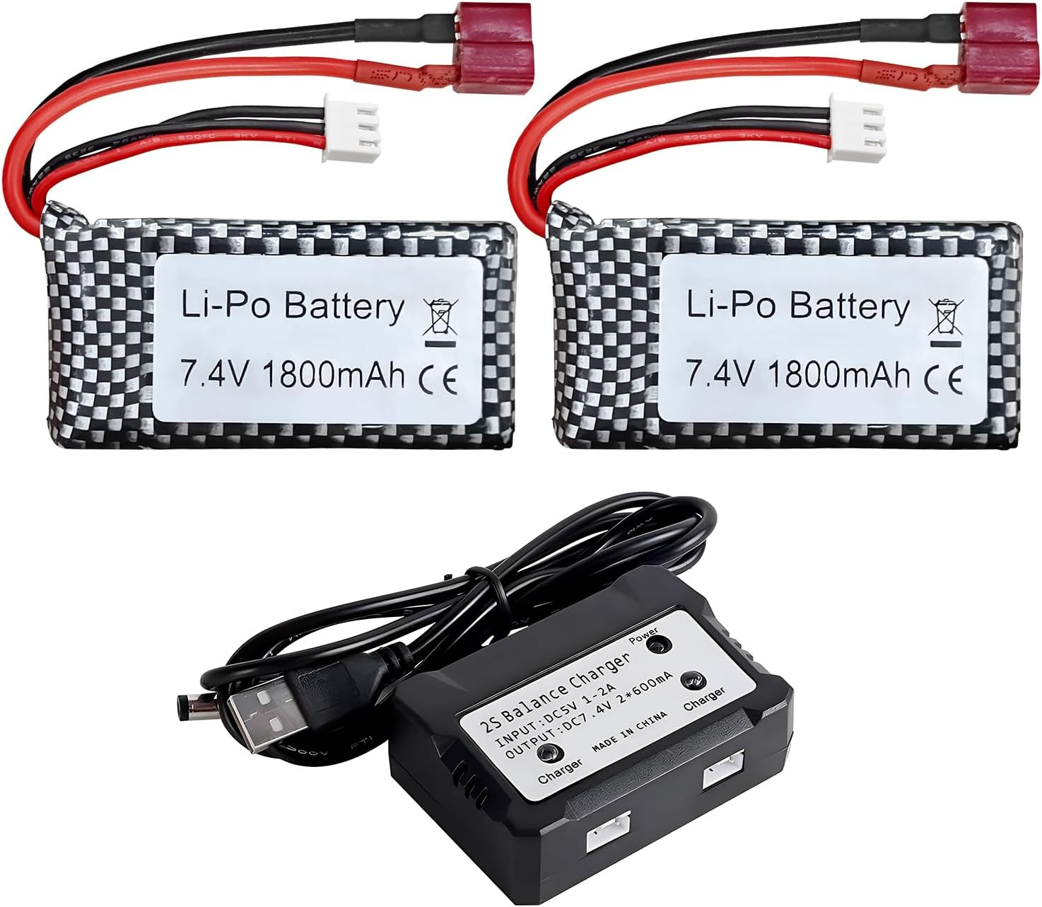 2PCS 7.4V 1800Mah Lithium Battery with 7.4V 2-In-1 Balance Charger for WLTOYS A959-B A969-B A979-B K929-B 144001 Spare Parts for High-Speed Vehicles, Remote Control Drones, Car Models, Ship Models, 25C High-Rate T-Head Lithium Batteries image number 3