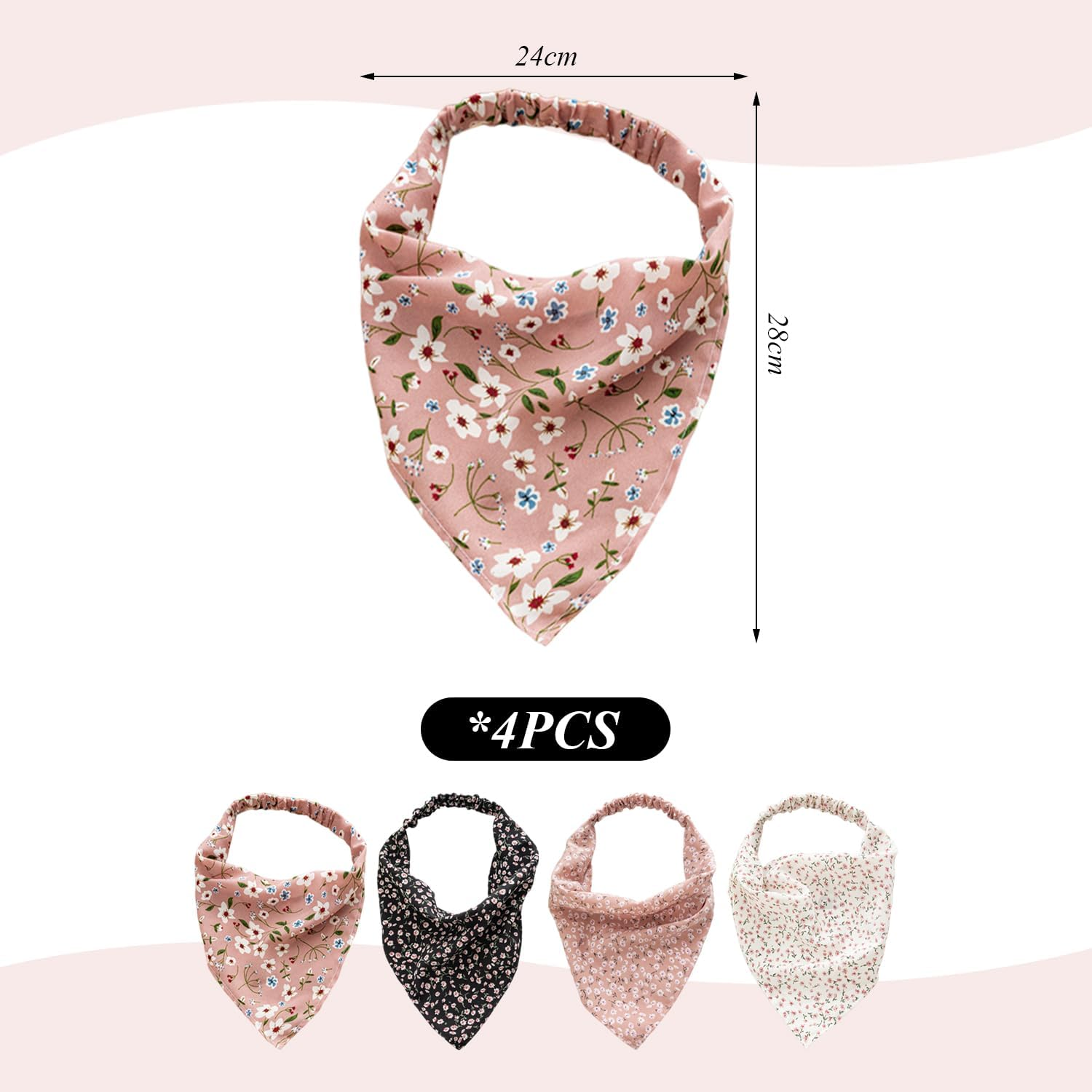 4 Floral Elastic Hair Bands, Headscarves with Elastic Band in Bohemian Style, Thin Floral Triangular Scarves, Daily Small Fresh Hair Accessories. image number 3