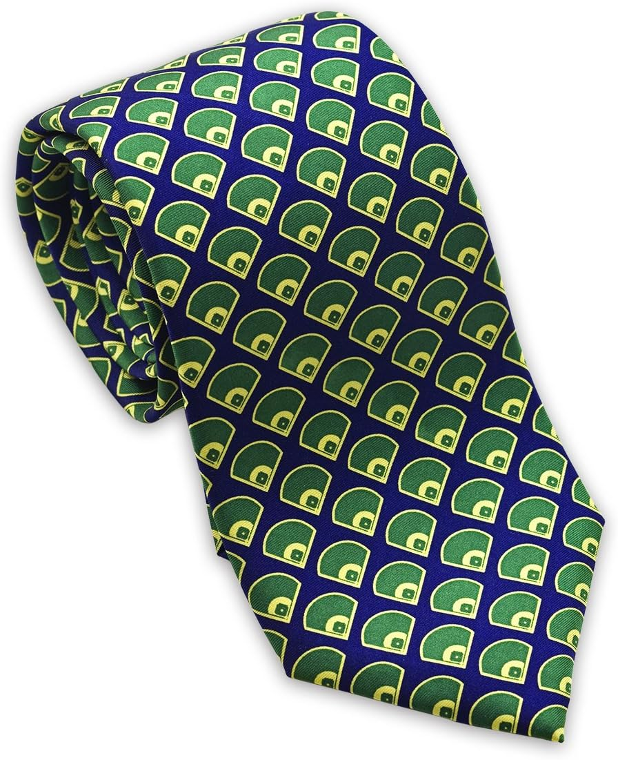 Mens Baseball Diamonds Silk Necktie Blue-Green Made in USA