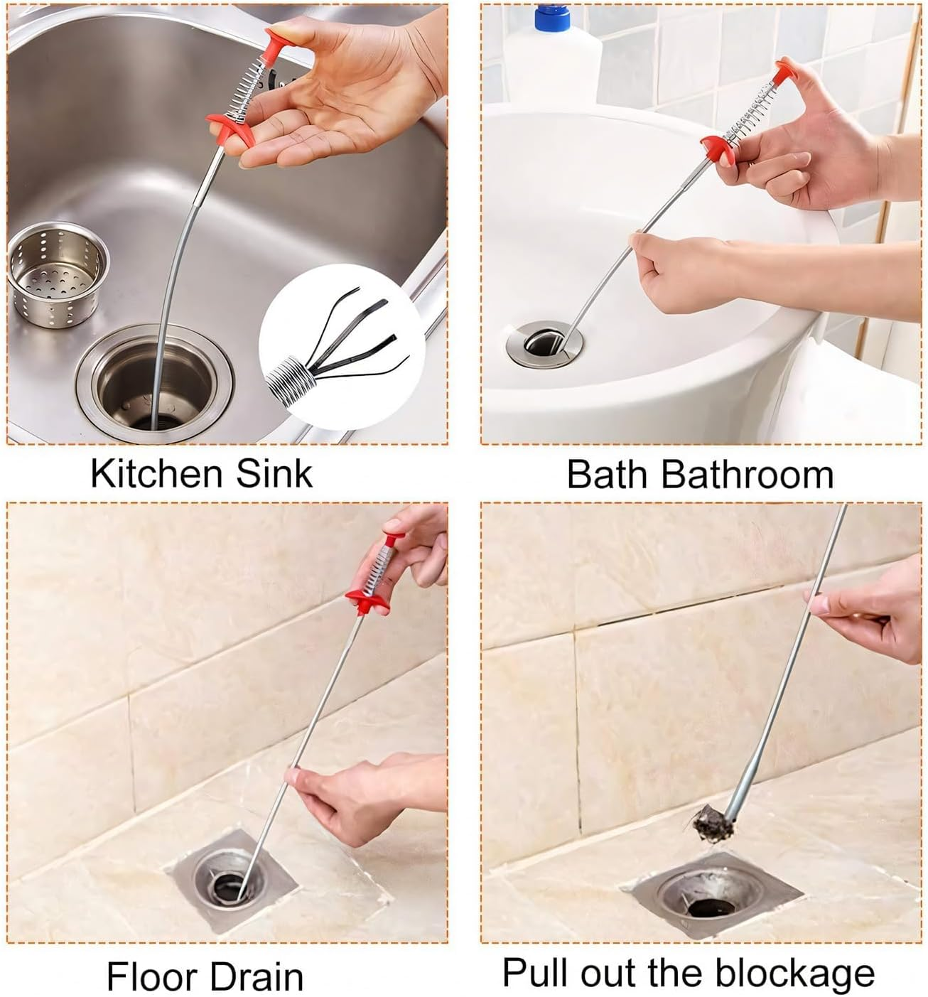 Drain Unclogged Snake Plumbing Tool - 200CM Sewer Toilet Dredge, 60CM Sink Clog Remover, 70CM Hair Clog Tool, 6-In-1 image number 3