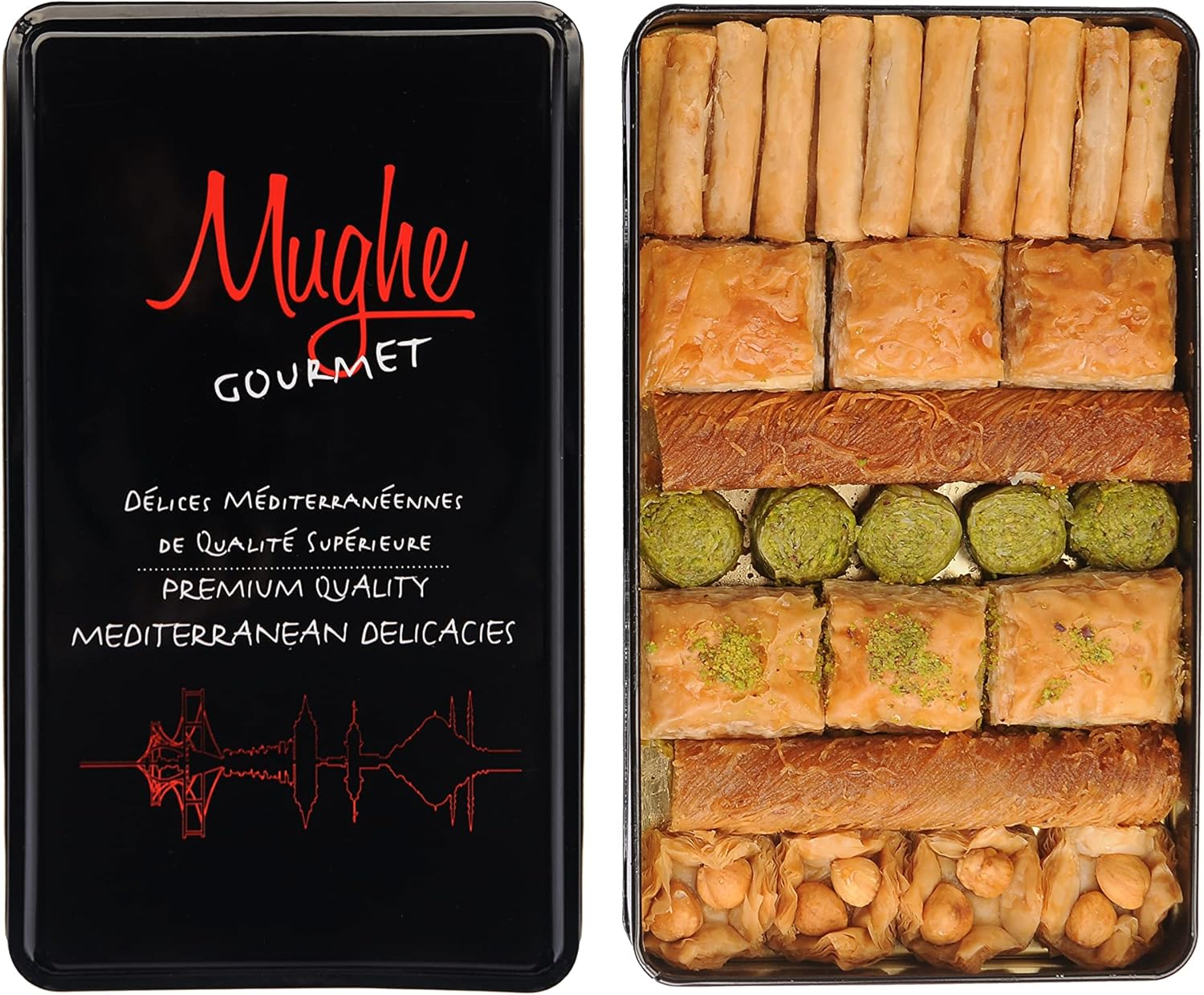 Mughe Gourmet Luxury Assorted Baklava Pastry Elegant Metal Gift Box 1.32Lb/600Gr - Pistachio, Walnut, Cashew, Hazelnut Dessert Gifts Bitesize Turkish Baklawa - Perfect for Birthday, Christmas and More image number 3