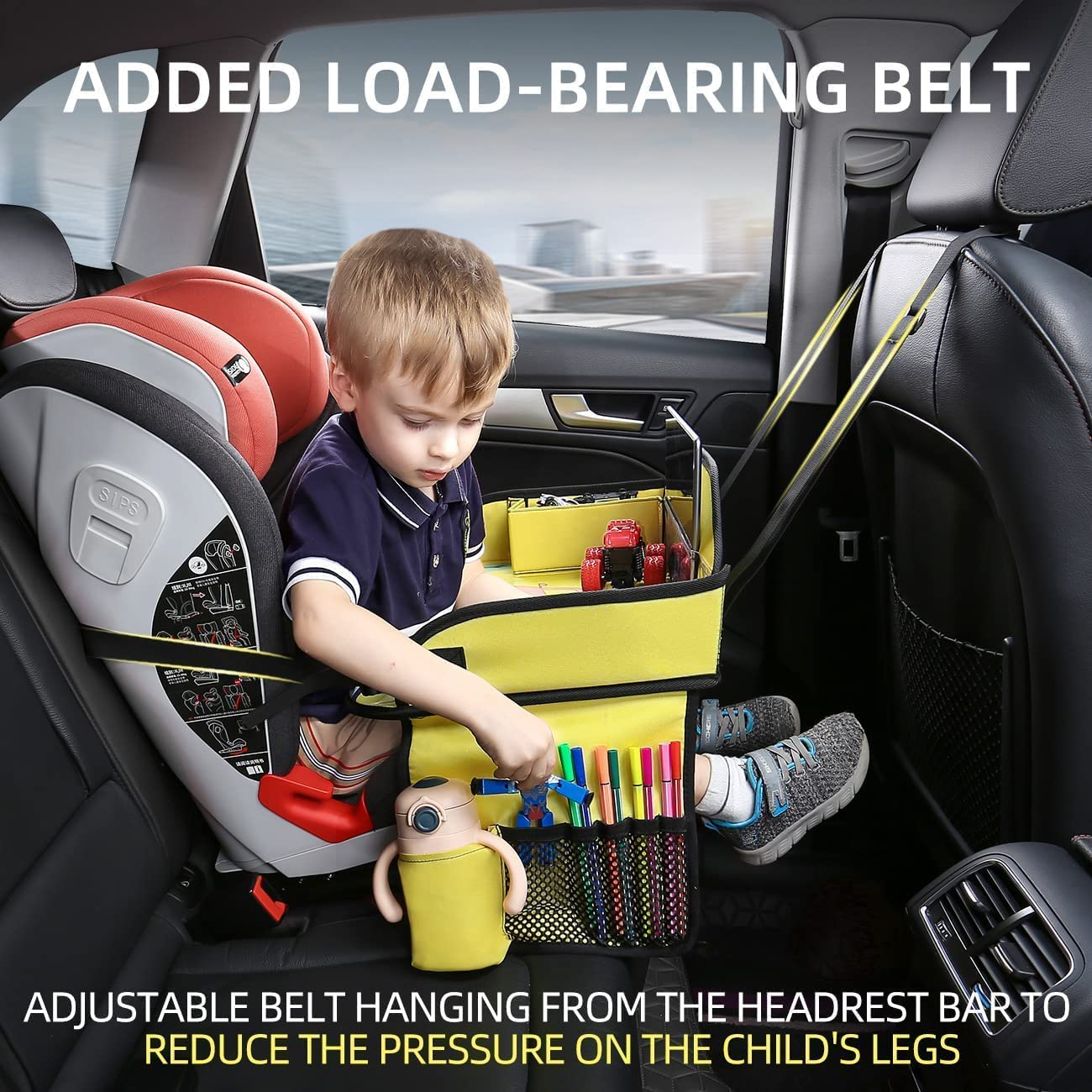 Kids Travel Tray for Toddler Car Seat, Toddler Car Seat Tray Organizer, Large Ipad Holder Road Trip Essential, Soft Padding, Waterproof, Food & Snack Lap Tray Carseat, Stroller (Yellow) image number 1