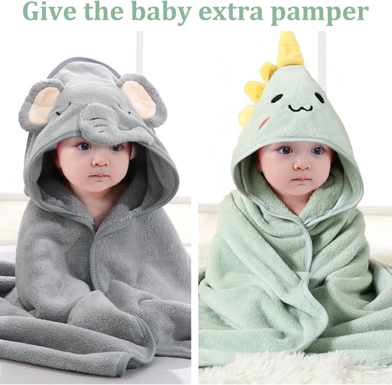 Baby Hooded Towels 2Pcs 32X32'' Soft & Absorbent Kids Bath Towel with Cute Dinosaur Design - Swimming Bathrobe Gifts for Boys Girls Toddlers