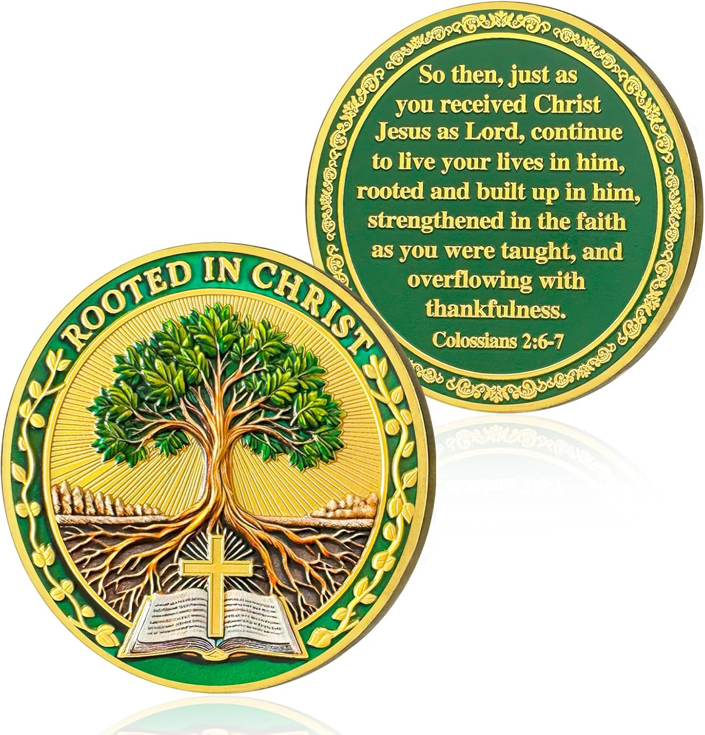 Growing in Faith Christian Challenge Coins Rooted in Christ Jesus Bible Coin Colossians 2:6-7 Jesus God Christian Prayer Token Art Pocket Bible Verses Jesus Religious Gifts for Men & Women
