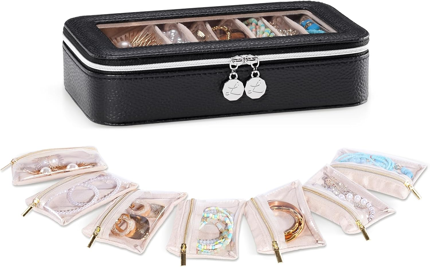 Lolalet 8 in 1 Travel Jewelry Case with Velvet Pouches, Clear Window Travel Jewelry Organizer Bags for Earrings, Bracelets, Necklaces and Rings, Compact Jewelry Storage for Women Girls- Beige, 7Pcs