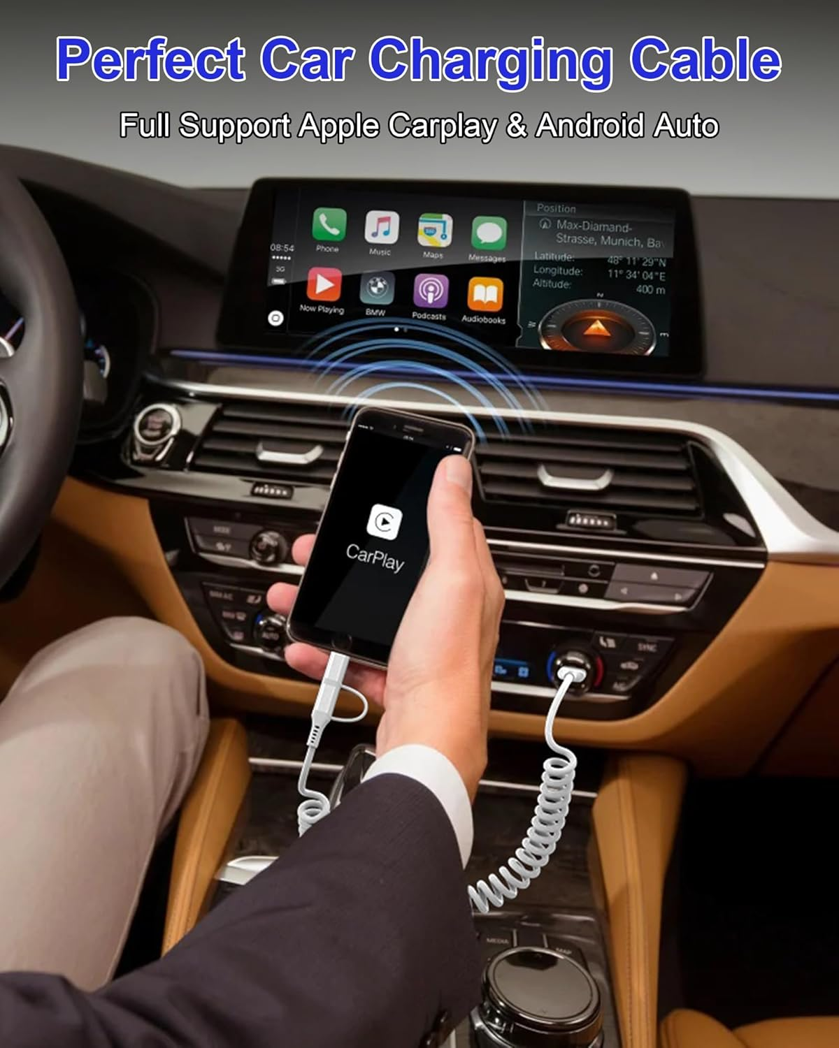 Mfi Certified Retractable Car Charger Cable 2-In-1 USB to Lightning and USB-C Coiled Cord with 3A Fast Charge & Apple Carplay & Android Auto Sync for Iphone 16/15/14/13, Samsung, Pixel image number 4