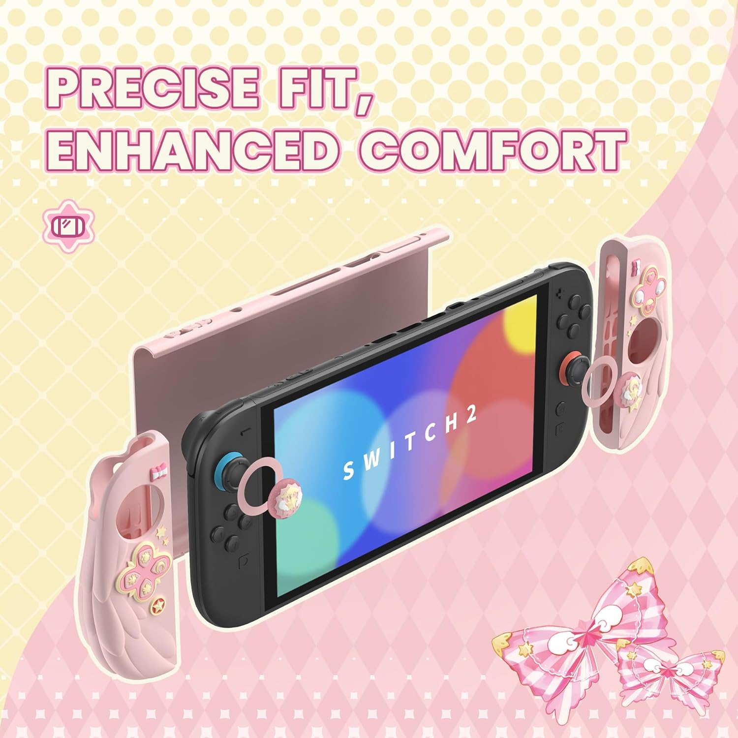 Playvital Magic Wings Silicone Grip Case for Nintendo Switch 2 &ndash; Dockable Anime Protective Cover with Extra Adjustable Stand & Thumb Grips - Pink - New Hope Gray image number 6