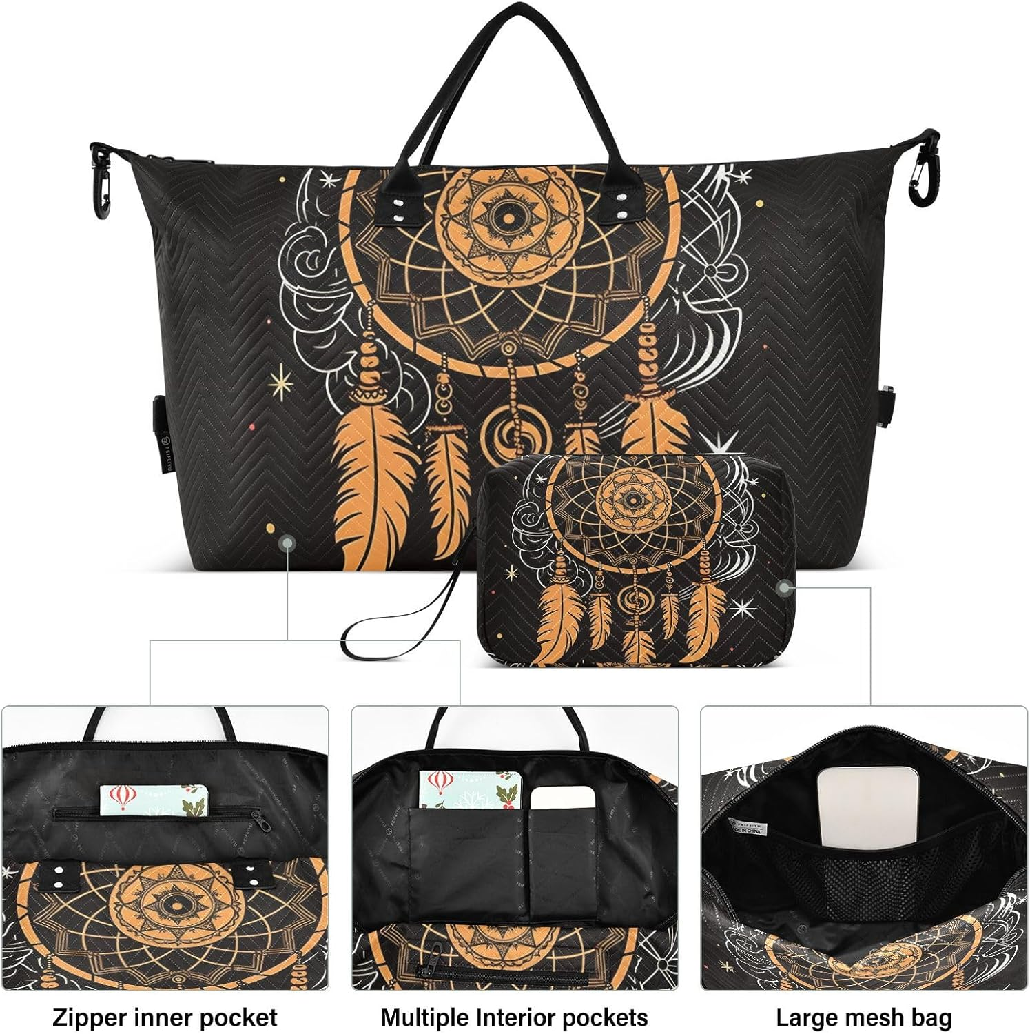 XYMZR Large Travel Duffel Bag, Orange Dreamcatcher Sports Tote Gym Bag, Shoulder Weekender Overnight Bag for Women Men, Carry on Luggage with Toiletry Bags, Multi-Colored, Multi-Colored image number 3