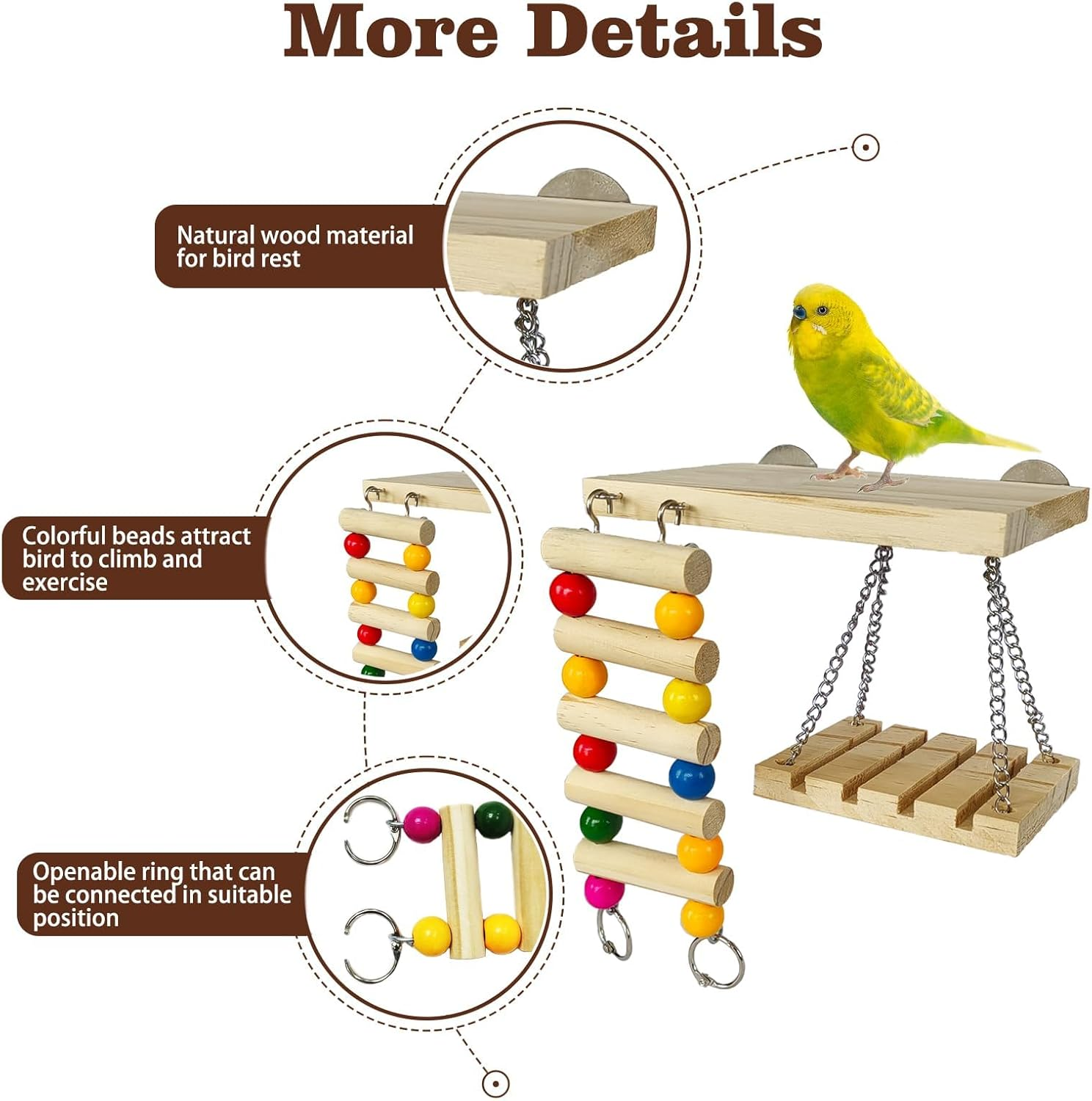 XICEN Bird Perches Toys Set Cage Accessories Parrot Nature Wooden Playground Hanging Standing Platform Play Stand with Swing Ladder for Lovebirds, Parakeet, Conures, Budgie and Other Small Animals
