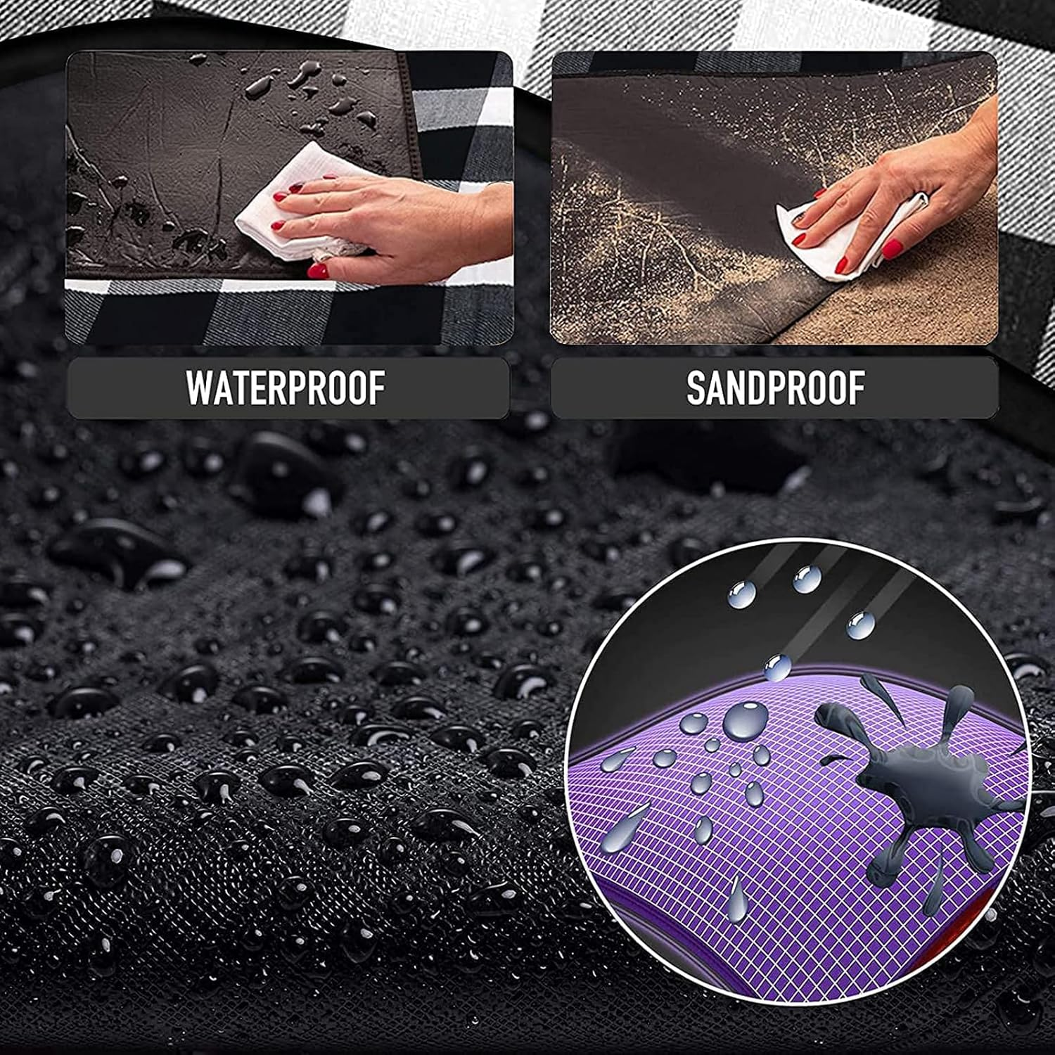 Picnic Blanket, Foldable Camping Blanket, Large Outdoor Waterproof and Sandproof Beach Blanket, for Family Vacation, Camping, Hiking, Outdoors, Park, Beach, Grass (Black) image number 2