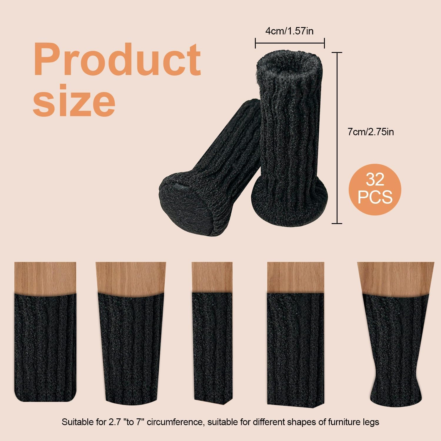 32Pcs Furniture Socks Funcyboo,Chair Socks Elastic Chair Leg Socks for Various Leg Shapes Non-Slip Chair Leg Feet Socks for Avoid Scratches Knitted Chair Feet Socks Fit Desk Chair Wood Tile Etc(Black) image number 6