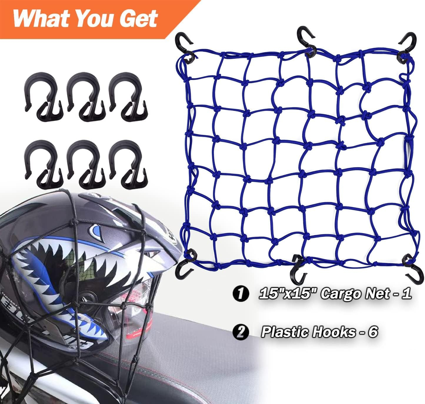 Small Cargo Net 15"X15" Stretches to 30"X30" with Thicken Hooks | Natural Latex Core, Tight 2&rdquo;X2&rdquo; Mesh Heavy Duty Bungee Net for Motorcycle Helmet, Bike, ATV, UTV, Luggage image number 2