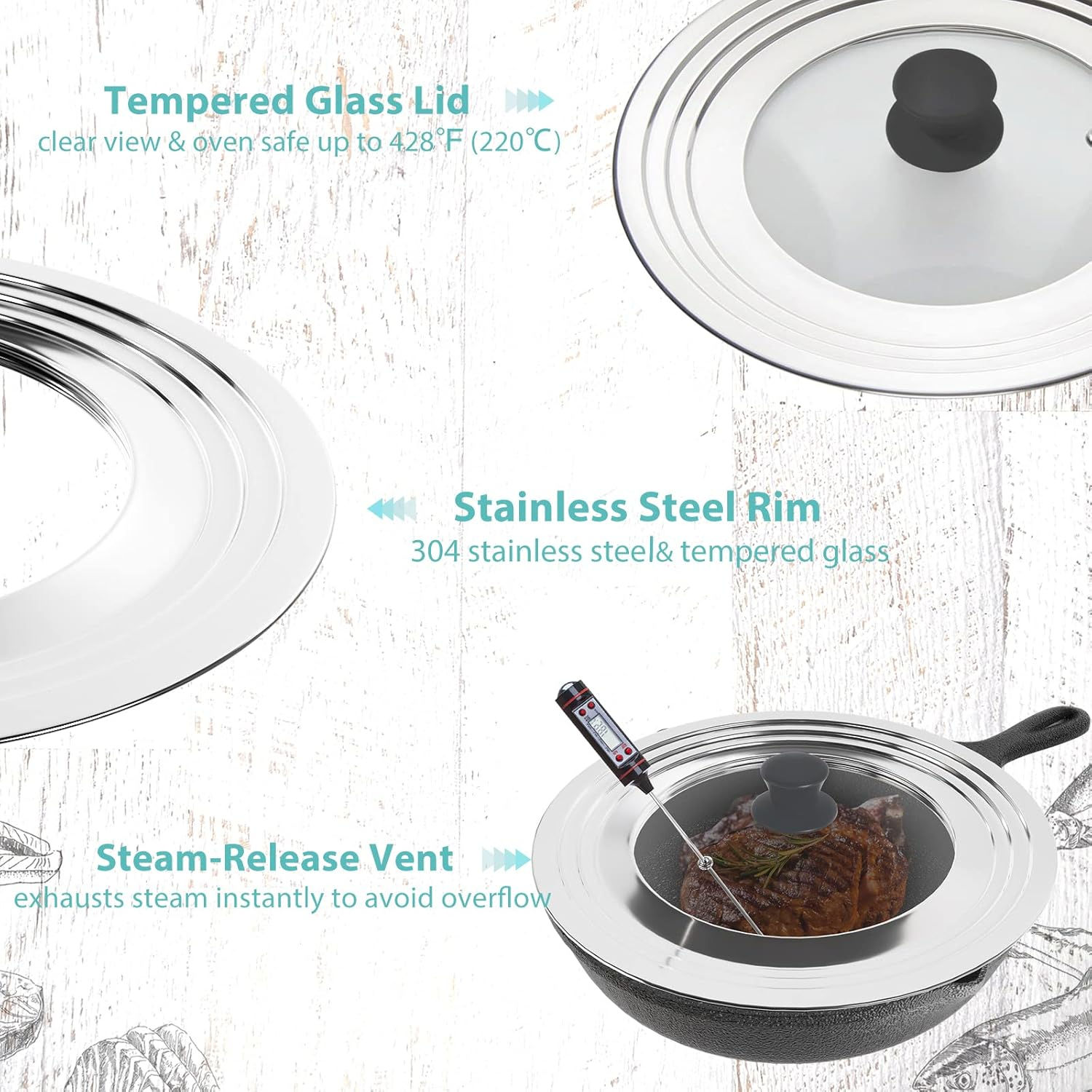 Wishdirect Universal Lid for Pots and Pans - One Size Fits All 21-31Cm Pots Frying Pans Skillets Woks, Replacement Pot Lid with Heavy Duty Heat Resistant Silicone Knob (Black, round Handle) image number 6