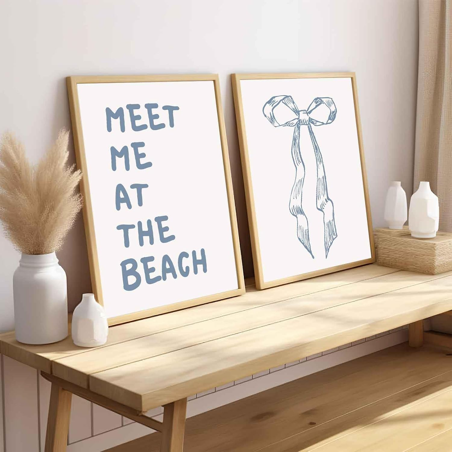 2Pcs Trendy Meet Me at the Beach Wall Art Blue Coastal Granddaughter Hair Bow Prints Beachy Aesthetic Room Decor Posters Preppy Wall Decor Pictures for Girly Dorm Apartment Unframed 12X16In