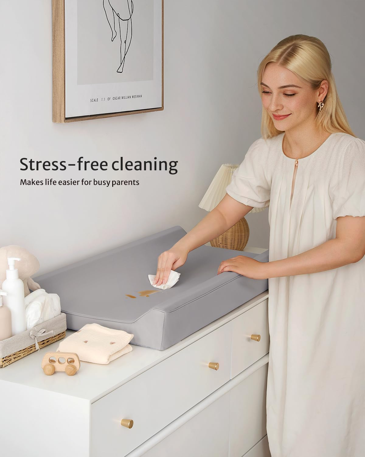 Yunking Vegan Leather Baby Changing Pad with Waterproof & Wipe-Clean PU Cover, Standard Size Cozy Baby Changing Table Pads for Dressers/Tables, Taupe image number 5