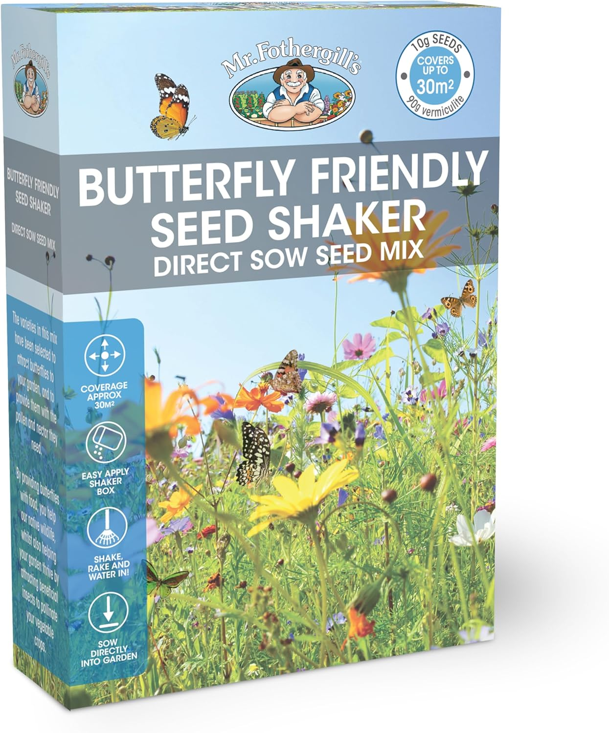 Mr Fothergill&rsquo;S Butterfly Friendly Flower Seed Shaker Box &ndash; 100G Mix for Pollinator Gardens &ndash; Covers 30M&sup2; &ndash; Attracts Butterflies & Bees &ndash; 15+ Colourful Varieties
