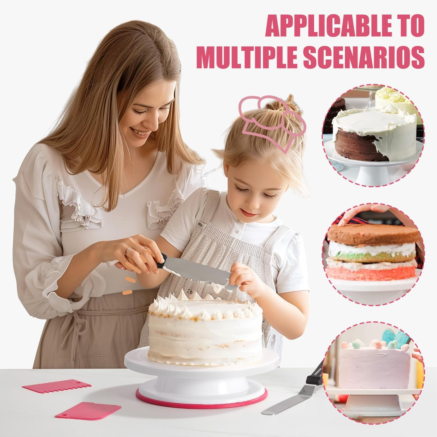 Cake Stand, 11 Inch Rotating Cake Turntable with 2 Icing Spatula and 3 Icing Smoother, Cake Decorating Supplies Kit for Beginners Set of 6 (Pink) image number 5